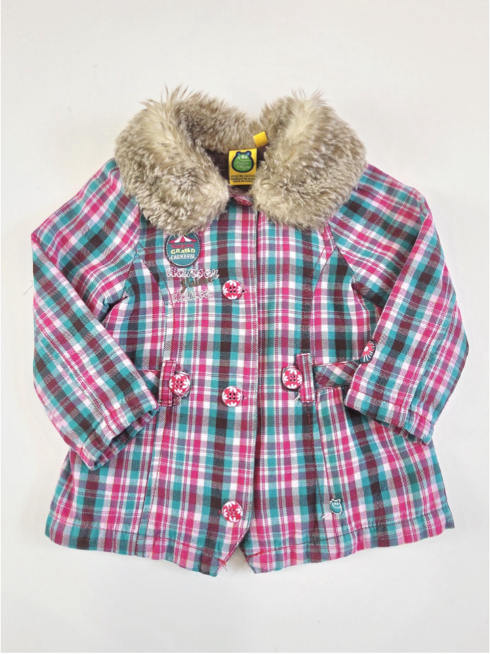 Y2K lightweight coat Gagou Tagou, faux‑fur collar, pink green plaid, 24m